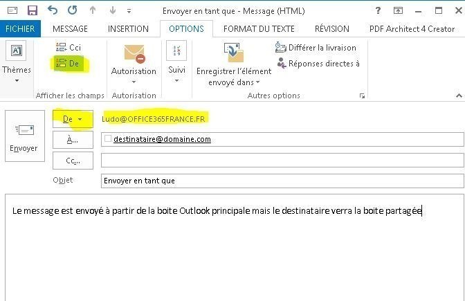 "envoyer en tant que avec Outlook et Office 365"